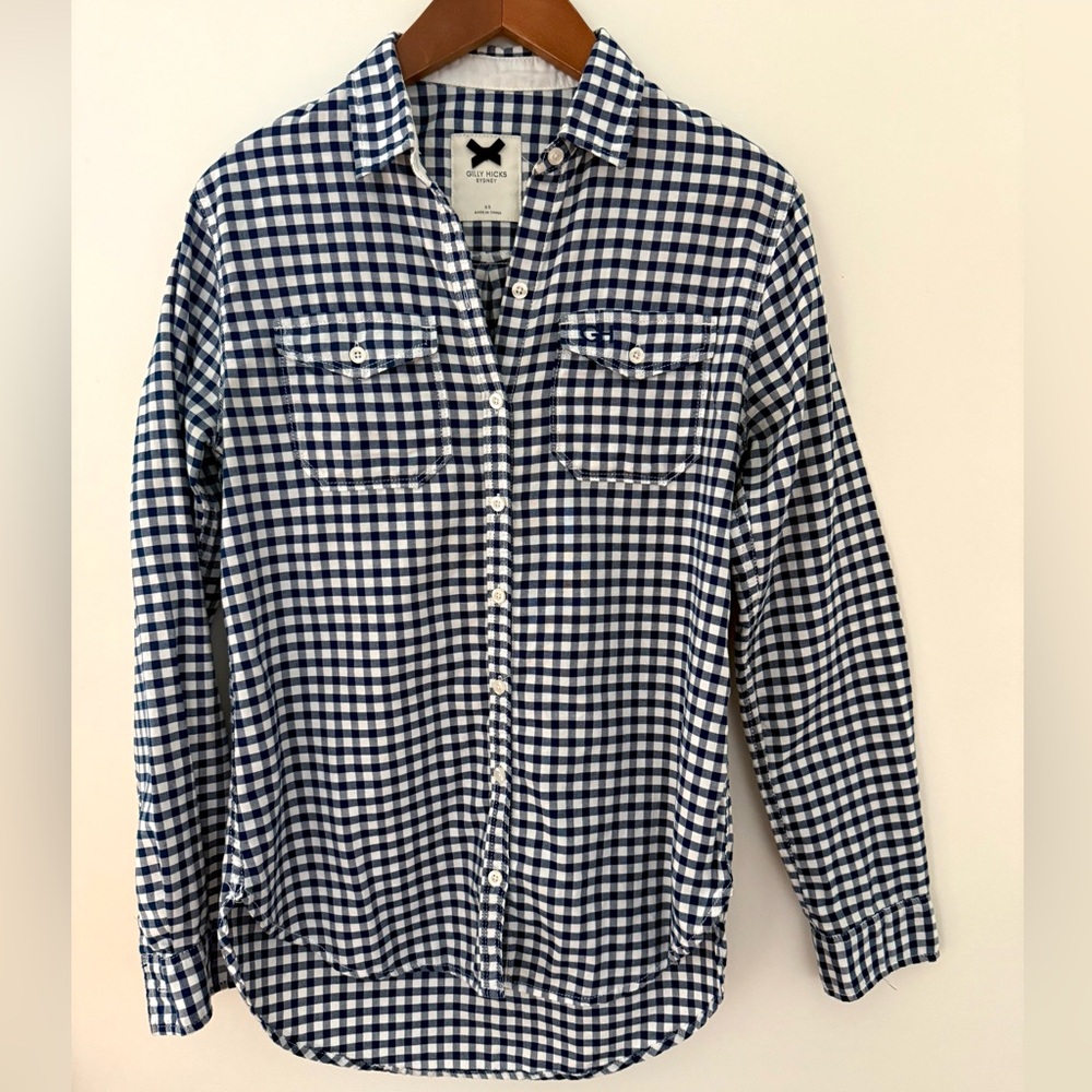 Gilly Hicks Plaid Shirt Button Down Front Navy Blue & White Checkered Size XS